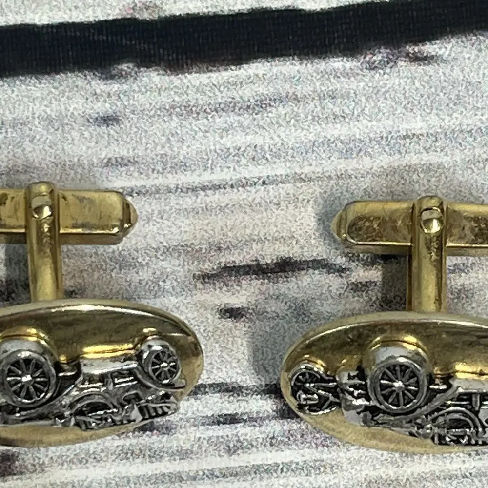 Vintage Set of 4 Mens Cufflinks Antique Cars Circles Mother of Pearl Gold Silver